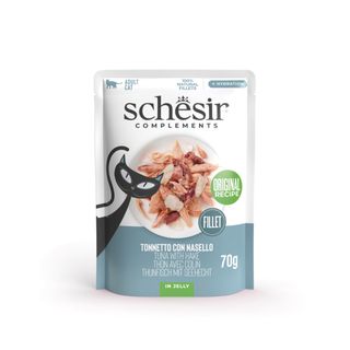 SCHESIR Complementary In Jelly, Pui și Merluciu, plic hrană umedă pisici, (în aspic), 70g
