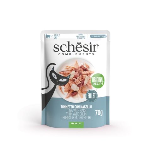 SCHESIR Complementary In Jelly, Pui și Merluciu, plic hrană umedă pisici, (în aspic), 70g