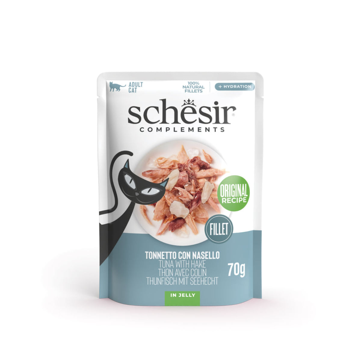 SCHESIR In Jelly, Pui și Merluciu, plic hrană umedă pisici, (în aspic), 70g