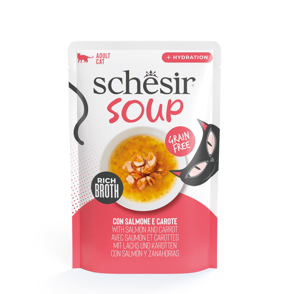 SCHESIR Soup, Somon și Morcov, plic hrană umedă fără cereale pisici, (în supă), 40g