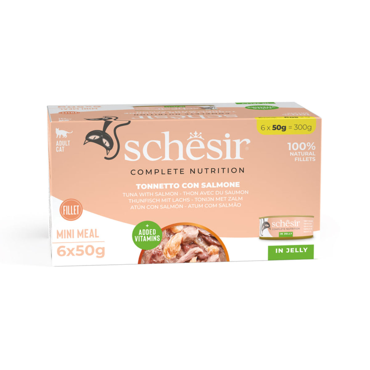 SCHESIR, Ton și Somon, conservă hrană umedă pisici, (în aspic), multipack, 50g x 6buc