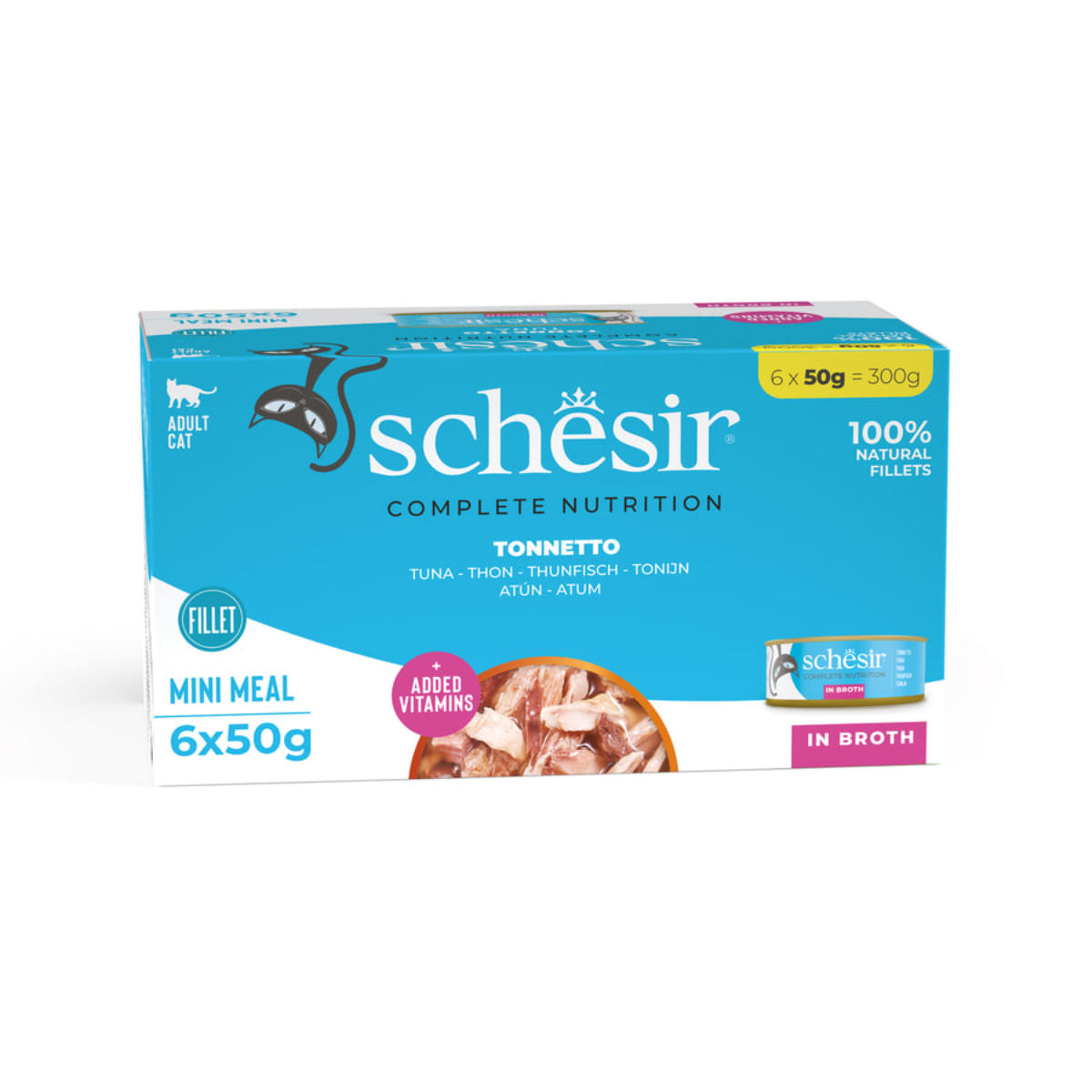 SCHESIR, Ton, conservă hrană umedă pisici, (în supă), multipack, 50g x 6buc