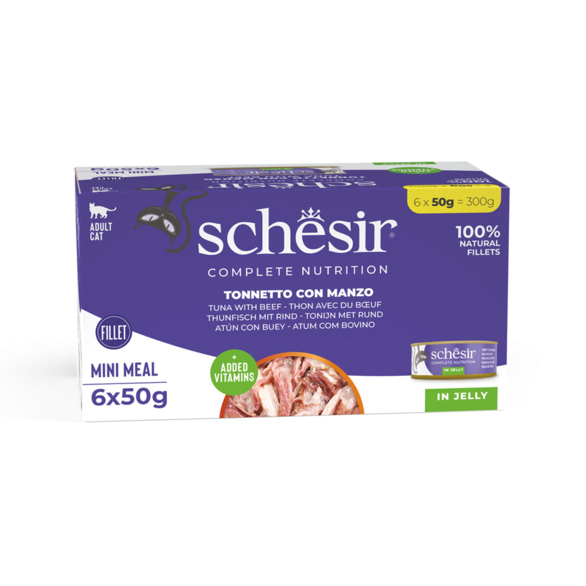 SCHESIR, Ton și Vită, conservă hrană umedă pisici, (în aspic), multipack, 50g x 6buc