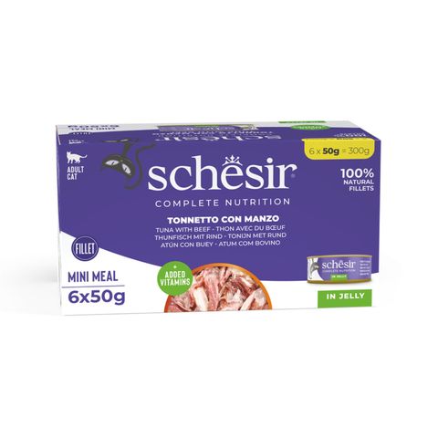 SCHESIR, Ton și Vită, conservă hrană umedă pisici, (în aspic), multipack, 50g x 6buc