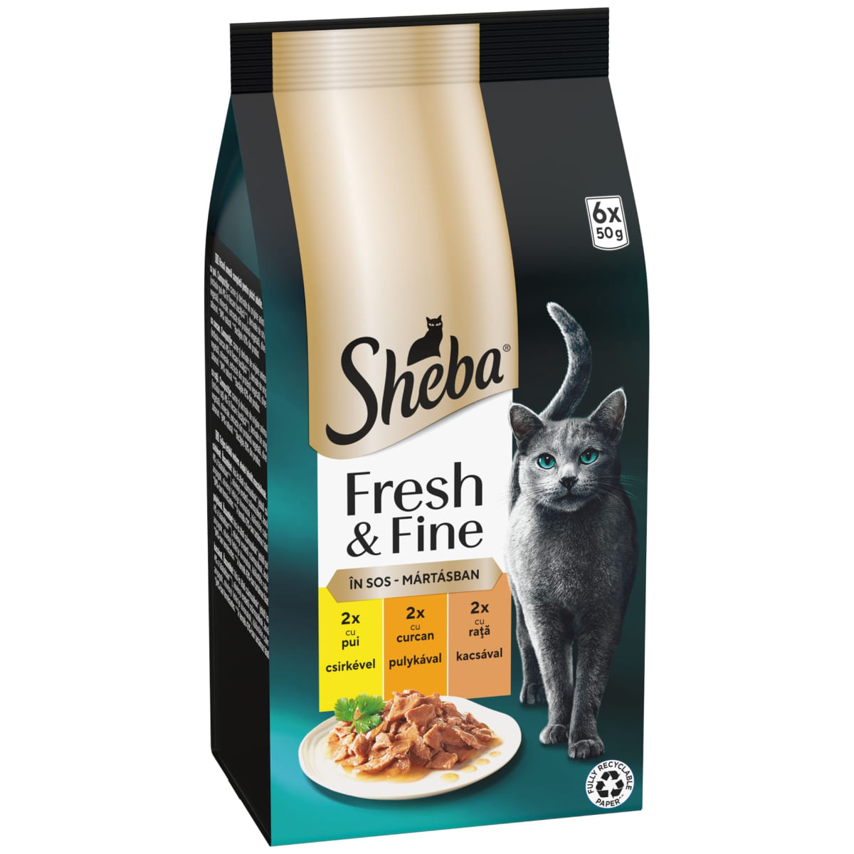 SHEBA Fresh & Fine Selectie Mixta cu Pui, Curcan și Rață, plic hrană umedă pisici, (în sos), multipack, 50g x 6buc - 1 | YEO
