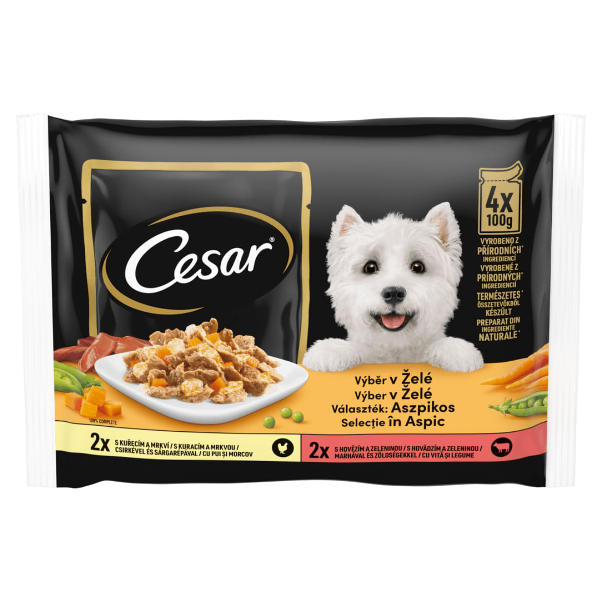 CESAR Selectii in Aspic, XS-M, Pui și Vită, plic hrană umedă câini, (în aspic), multipack, 100g x 4buc - 1 | YEO