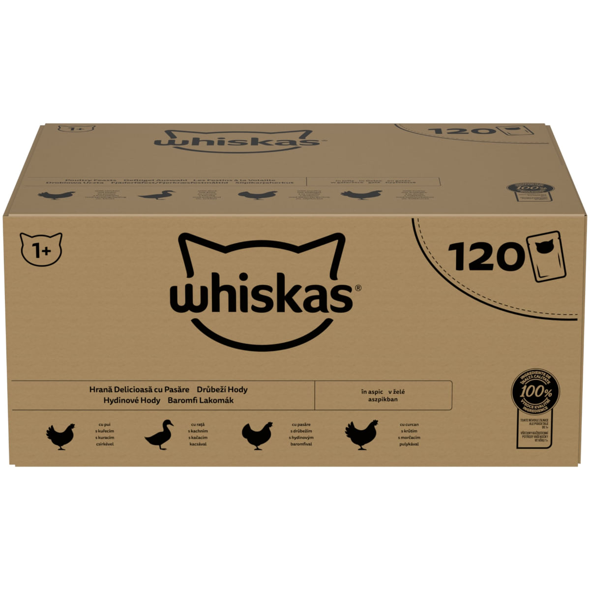 WHISKAS 1+ Poultry Feasts, Pasăre, plic hrană umedă pisici, (în aspic), megapack, 85g x 120buc - 1 | YEO