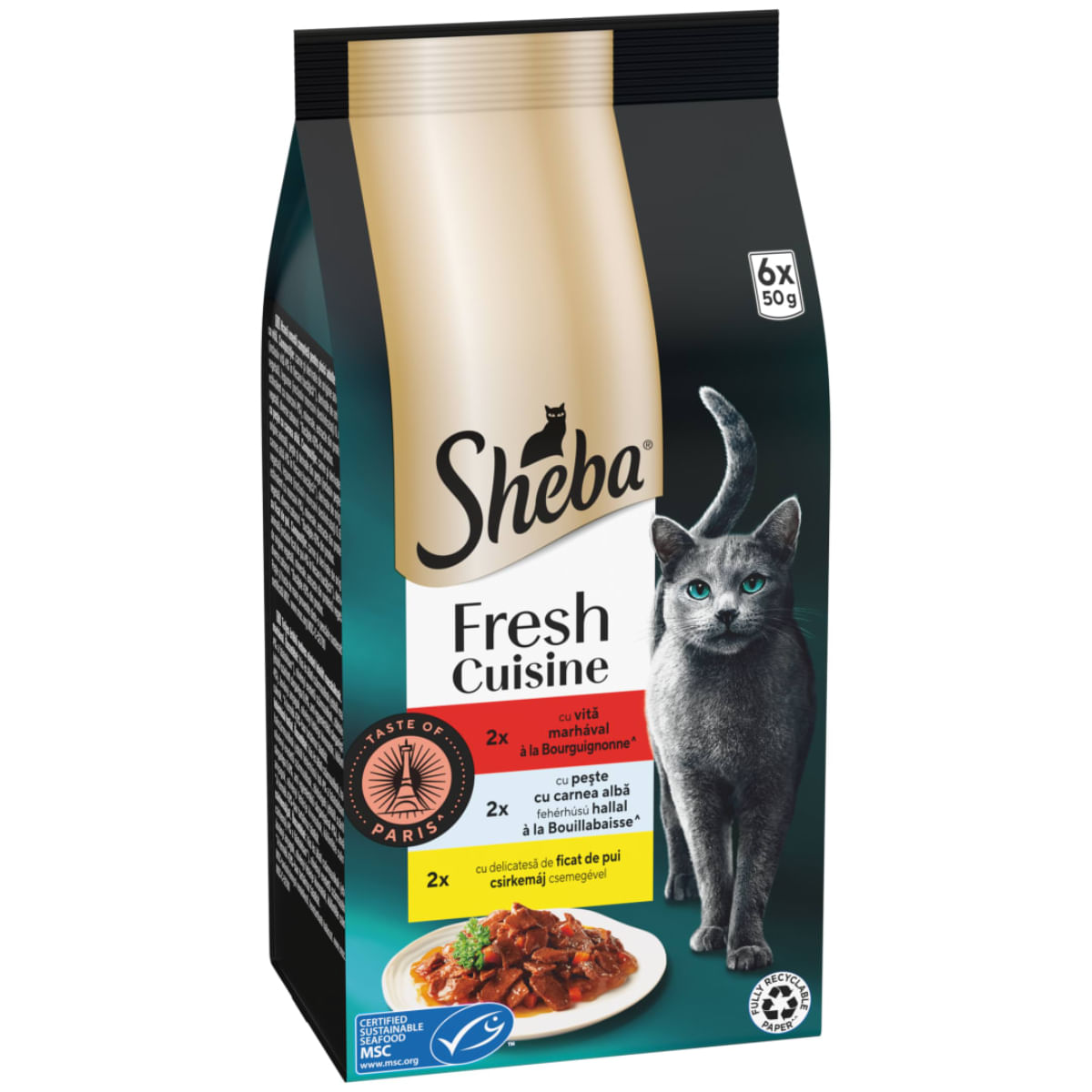 SHEBA Fresh Cuisine Taste of Paris Selectie Mixta cu Vita, Pește și Ficat, plic hrană umedă pisici, (în sos), multipack, 50g x 6buc