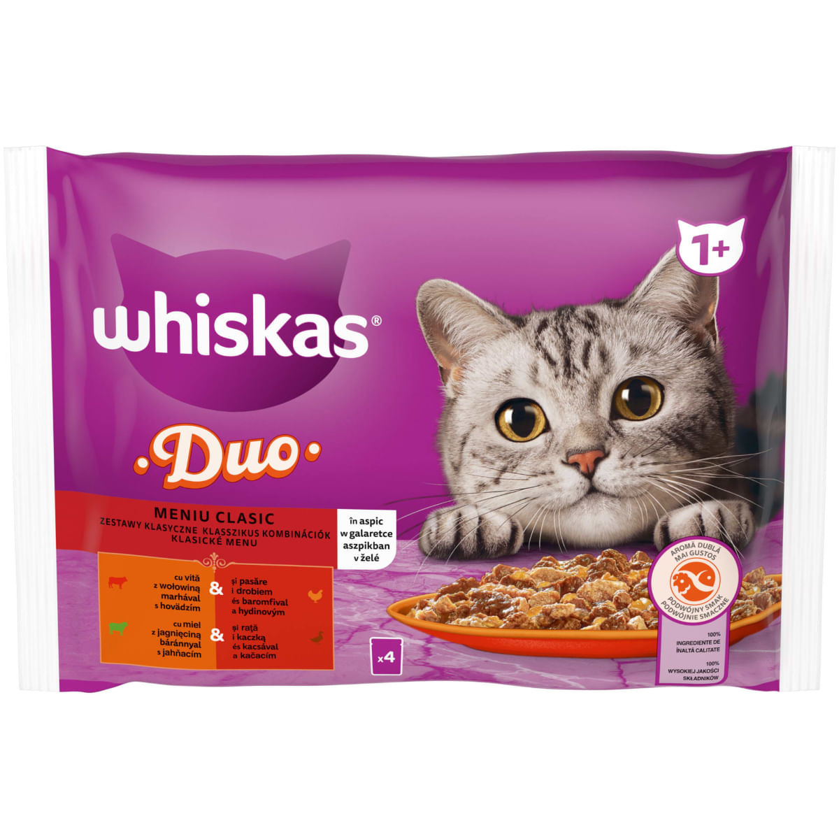 WHISKAS 1+ Duo Meaty Combos, Carne, plic hrană umedă pisici, (în aspic), multipack, 85g x 4buc