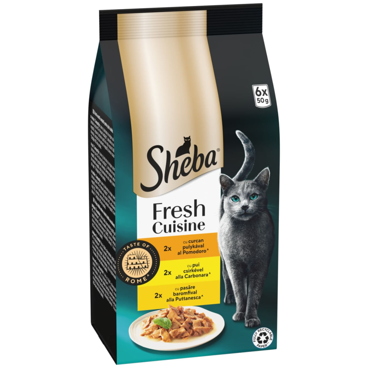 SHEBA Fresh Cuisine Taste of Paris Selectie Mixta cu Curcan, Pui și Pasăre, plic hrană umedă pisici, (în sos), multipack, 50g x 6buc