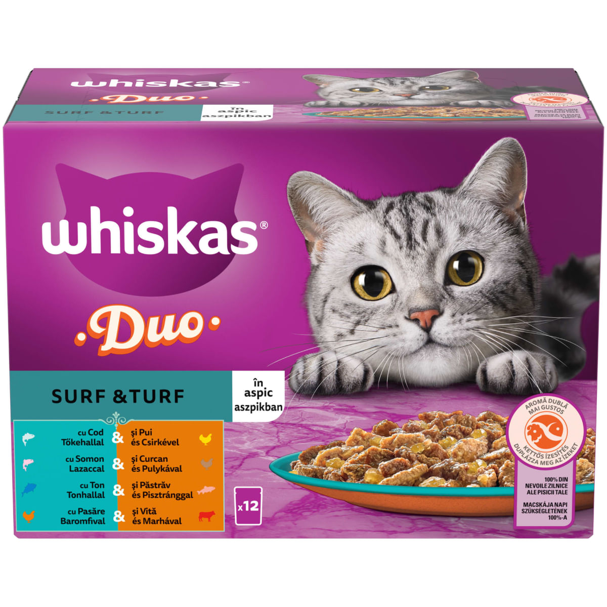 WHISKAS 1+ Duo Surf and Turf, Pasăre și Pește, plic hrană umedă pisici, (în aspic), multipack, 85g x 12buc