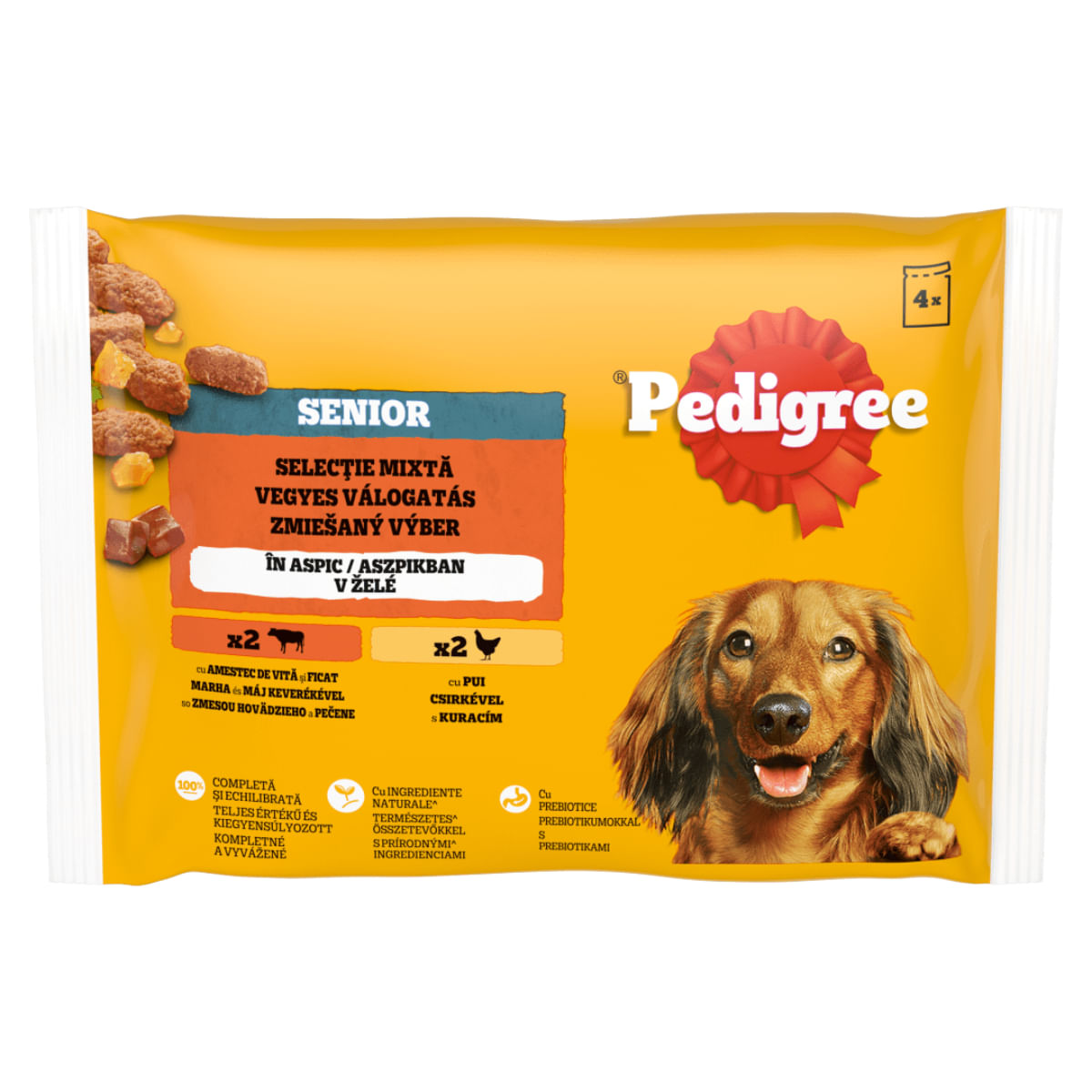 PEDIGREE Senior Mix, XS-M, Vită și Pui, plic hrană umedă câini senior, (în aspic), multipack, 100g x 4buc - 1 | YEO