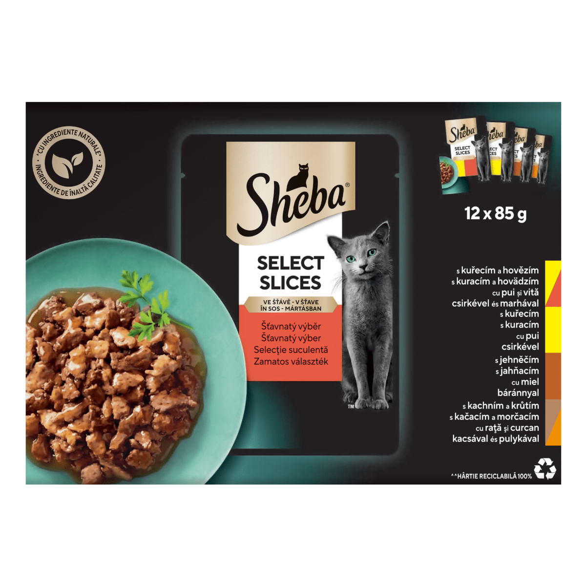 SHEBA Select Slices, Pui, Miel, Rata si Curcan, Pui și Vită, plic hrană umedă pisici, (în sos), multipack, 85g x 12buc