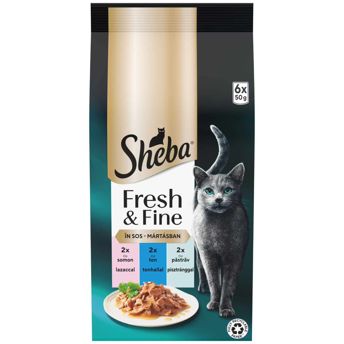 SHEBA SHEBA Fresh & Fine Selectie Mixt cu Somon, Ton și Păstrăv, plic hrană umedă pisici, (în sos), multipack, 50g x 6buc - 1 | YEO
