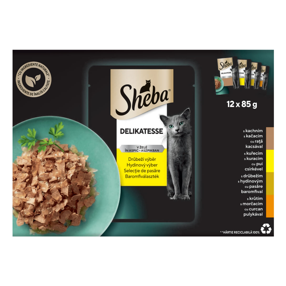 SHEBA Delikatesse Selectie Mixta, Rata, Pui, Pasăre și Curcan, plic hrană umedă pisici, (în aspic), multipack, 85g x 12buc - 1 | YEO