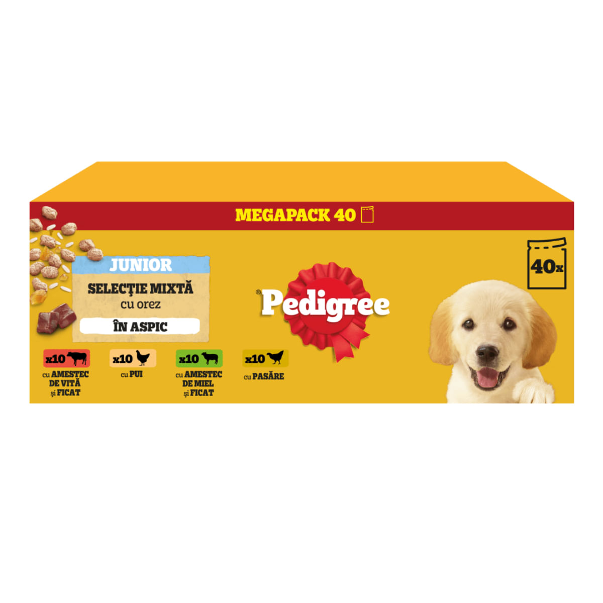 PEDIGREE Junior Selectie Mixta cu Orez, XS-XL, Pasăre și Vită, plic hrană umedă câini junior, (în aspic), megapack, 100g x 40buc - 1 | YEO