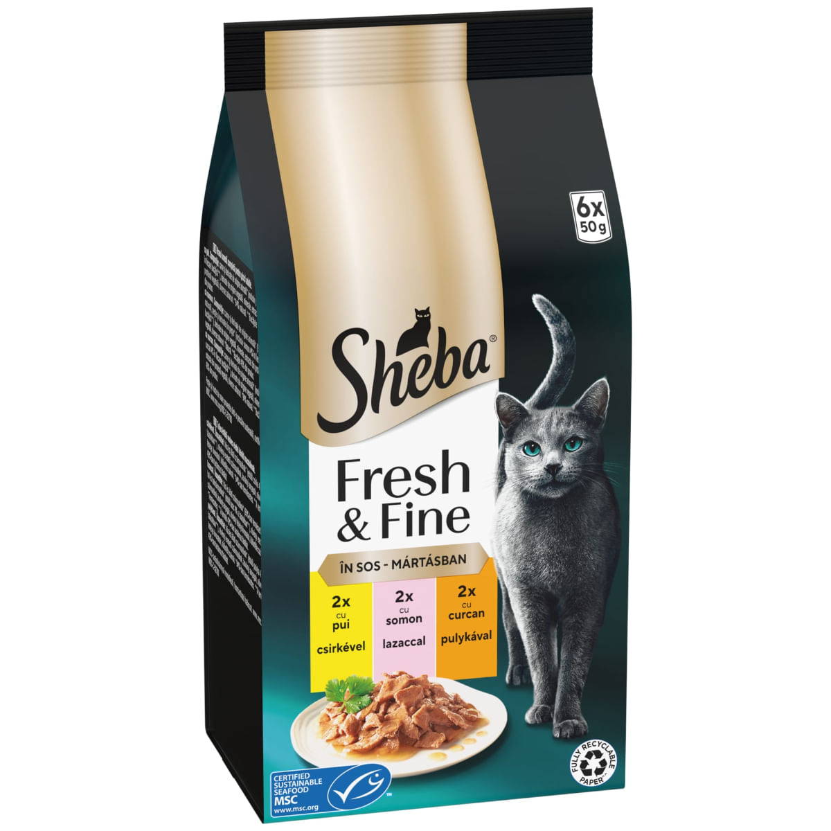 SHEBA Fresh & Fine Selectie mixt cu Pui, Somon și Curcan, plic hrană umedă pisici, (în sos), multipack, 50g x 6buc - 1 | YEO