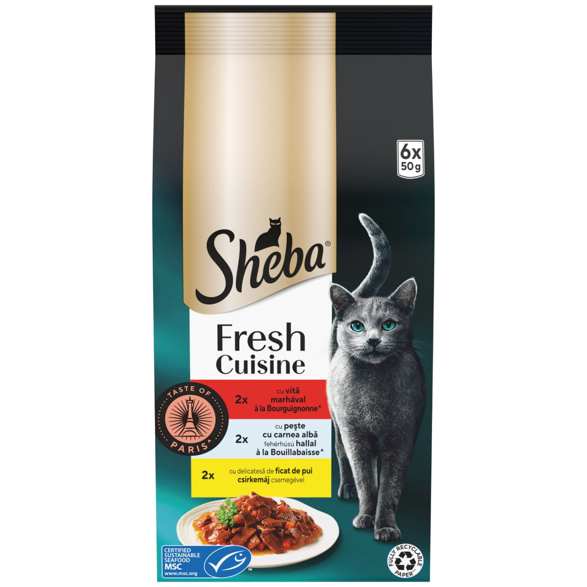 SHEBA Fresh Cuisine Taste of Paris Selectie Mixta cu Vita, Pește și Ficat, plic hrană umedă pisici, (în sos), multipack, 50g x 6buc - 2 | YEO