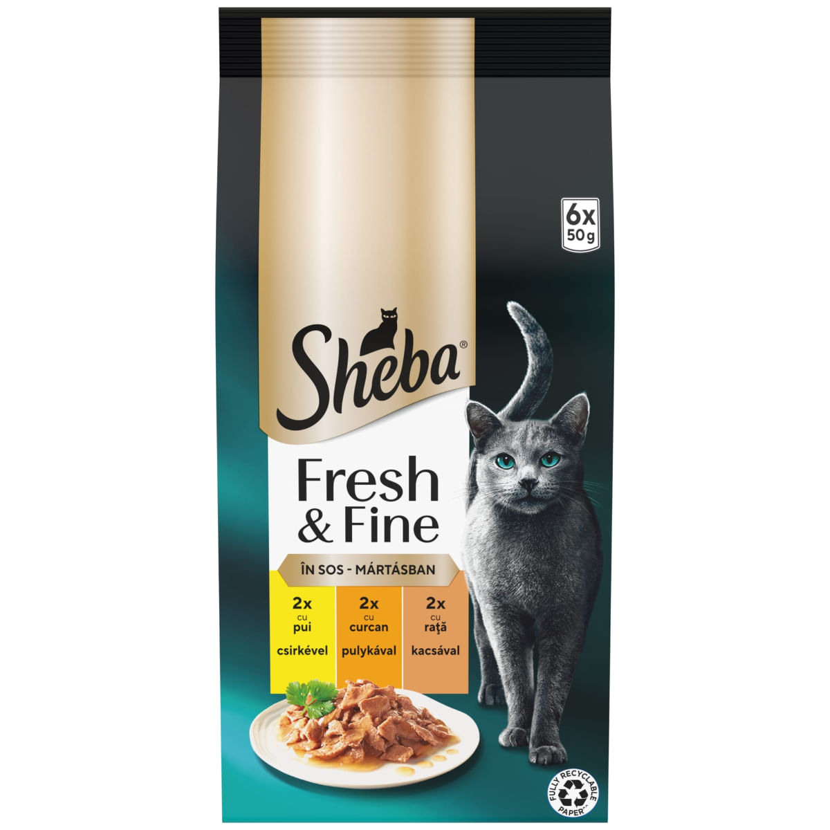 SHEBA Fresh & Fine Selectie Mixta cu Pui, Curcan și Rață, plic hrană umedă pisici, (în sos), multipack, 50g x 6buc - 2 | YEO