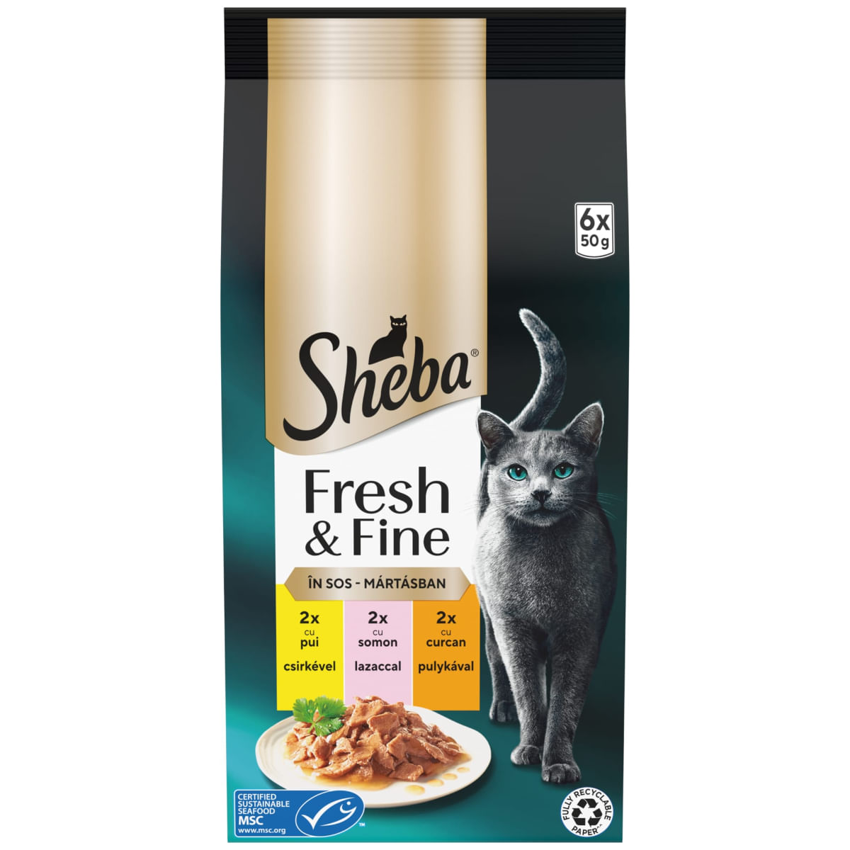 SHEBA Fresh & Fine Selectie mixt cu Pui, Somon și Curcan, plic hrană umedă pisici, (în sos), multipack, 50g x 6buc - 2 | YEO