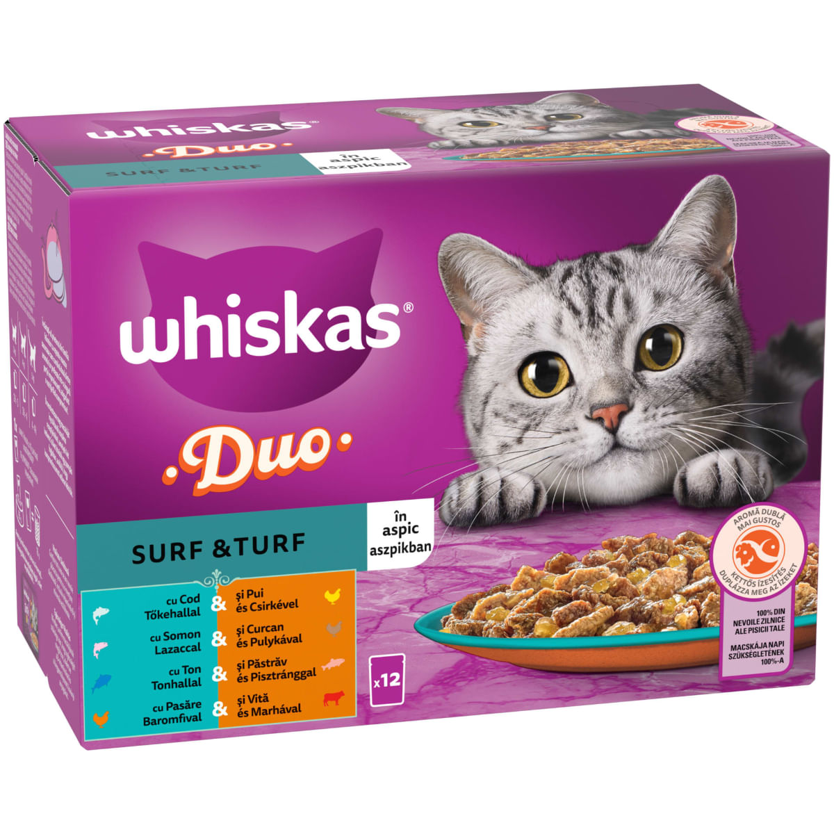 WHISKAS 1+ Duo Surf and Turf, Pasăre și Pește, plic hrană umedă pisici, (în aspic), multipack, 85g x 12buc - 2 | YEO