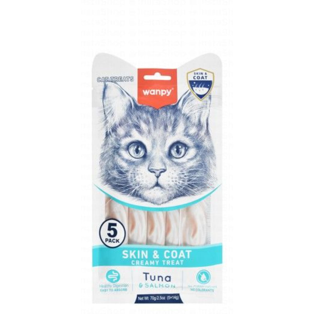 WANPY Skin & Coat Creamy Treats, Ton și Somon, punguță recompense funcționale pisici, piele & blană, (piure), 70g