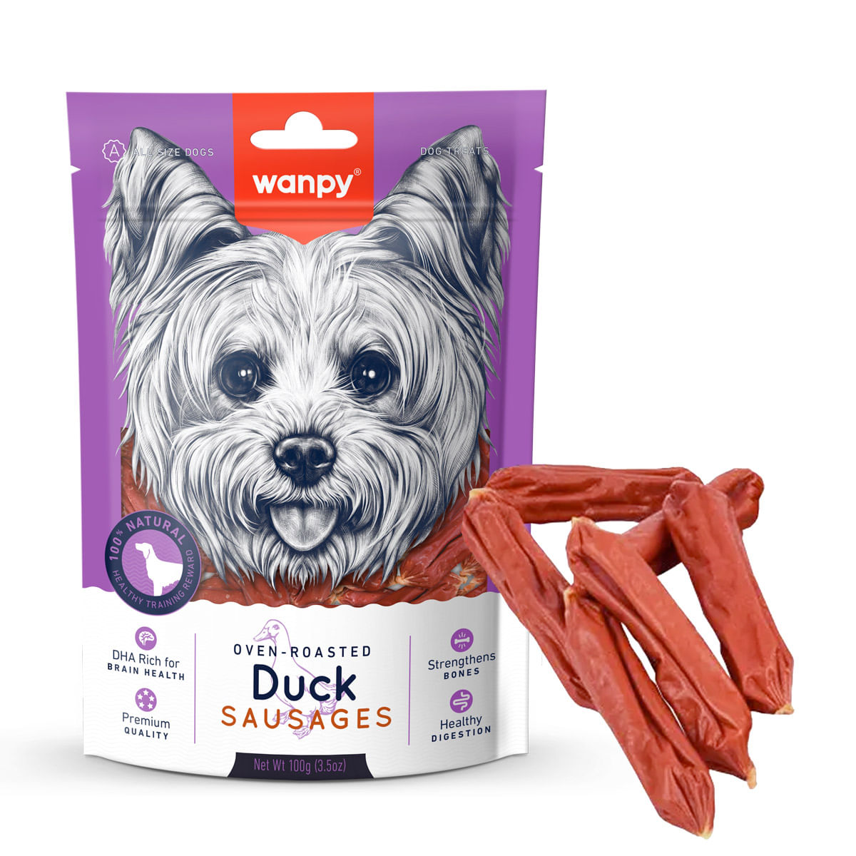WANPY Sausages, XS-M, Rață, punguță recompense câini, 100g - 1 | YEO