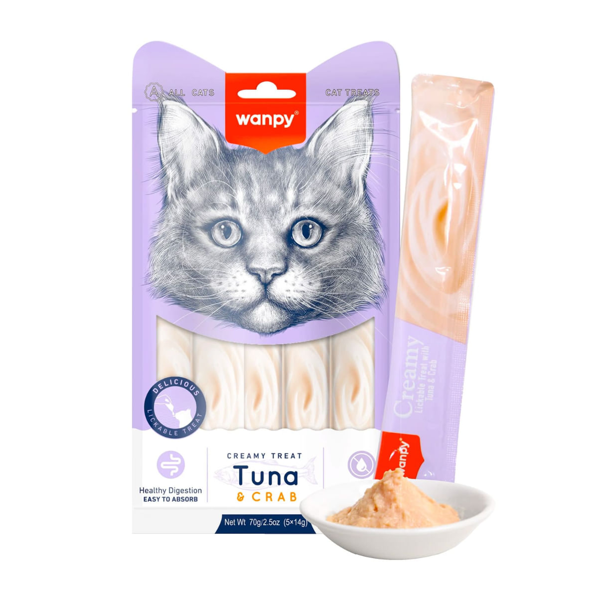 WANPY Creamy Treat, Ton și Crab, punguță recompense pisici, (piure), 70g - 1 | YEO