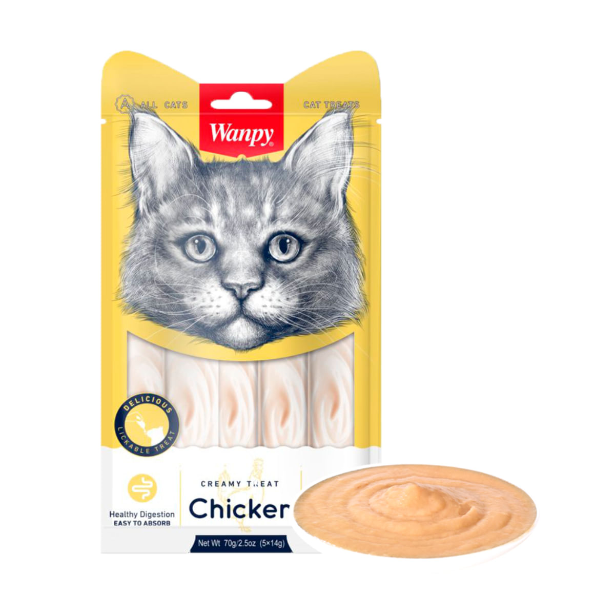 WANPY Creamy Treat, Pui, punguță recompense monoproteică pisici, (piure), 70g - 2 | YEO