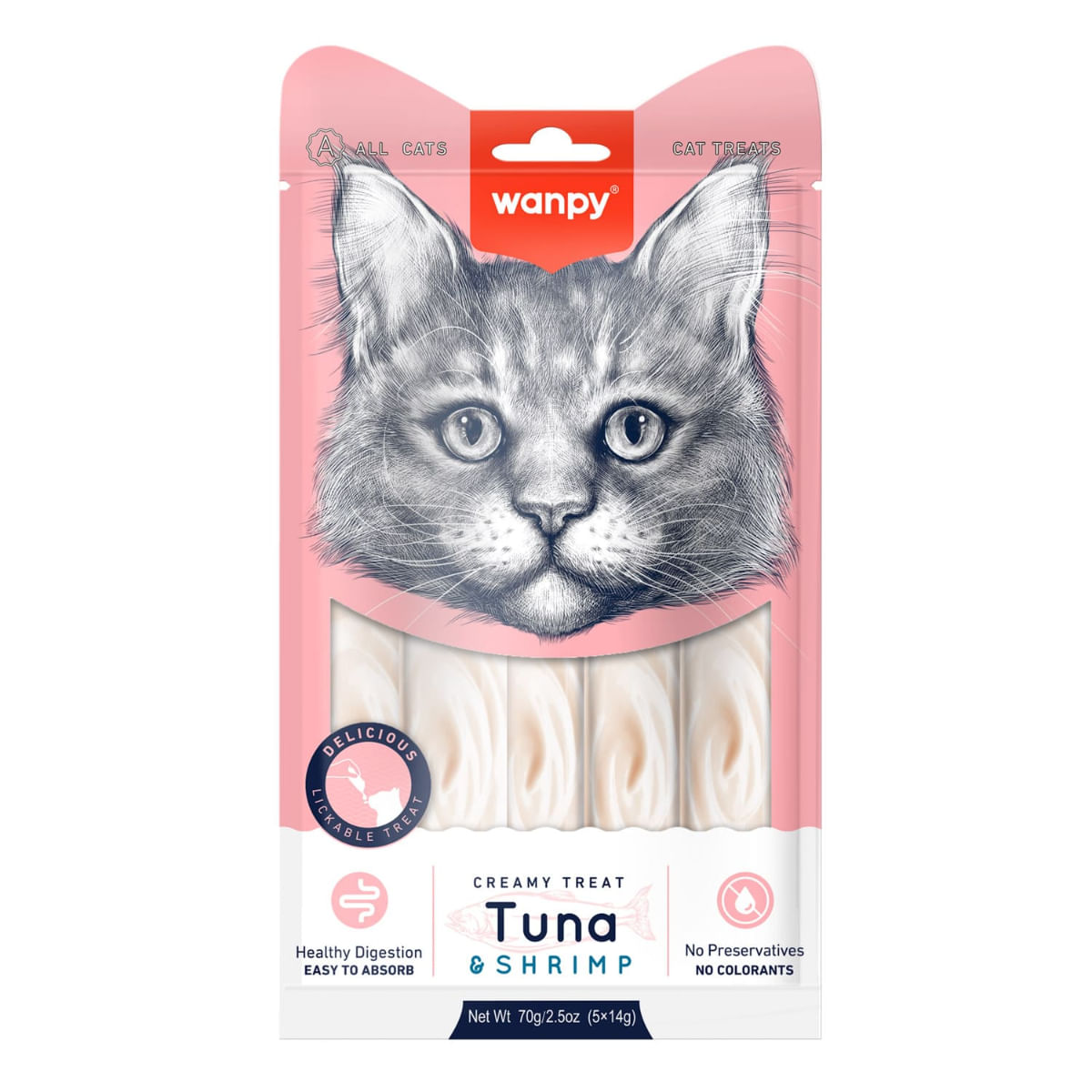 WANPY Creamy Treat, Ton și Creveți, punguță recompense pisici, (piure), 70g - 2 | YEO