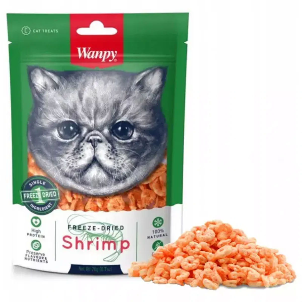 WANPY Freeze Dried, Creveți, punguță recompense monoproteice pisici, 20g - 2 | YEO