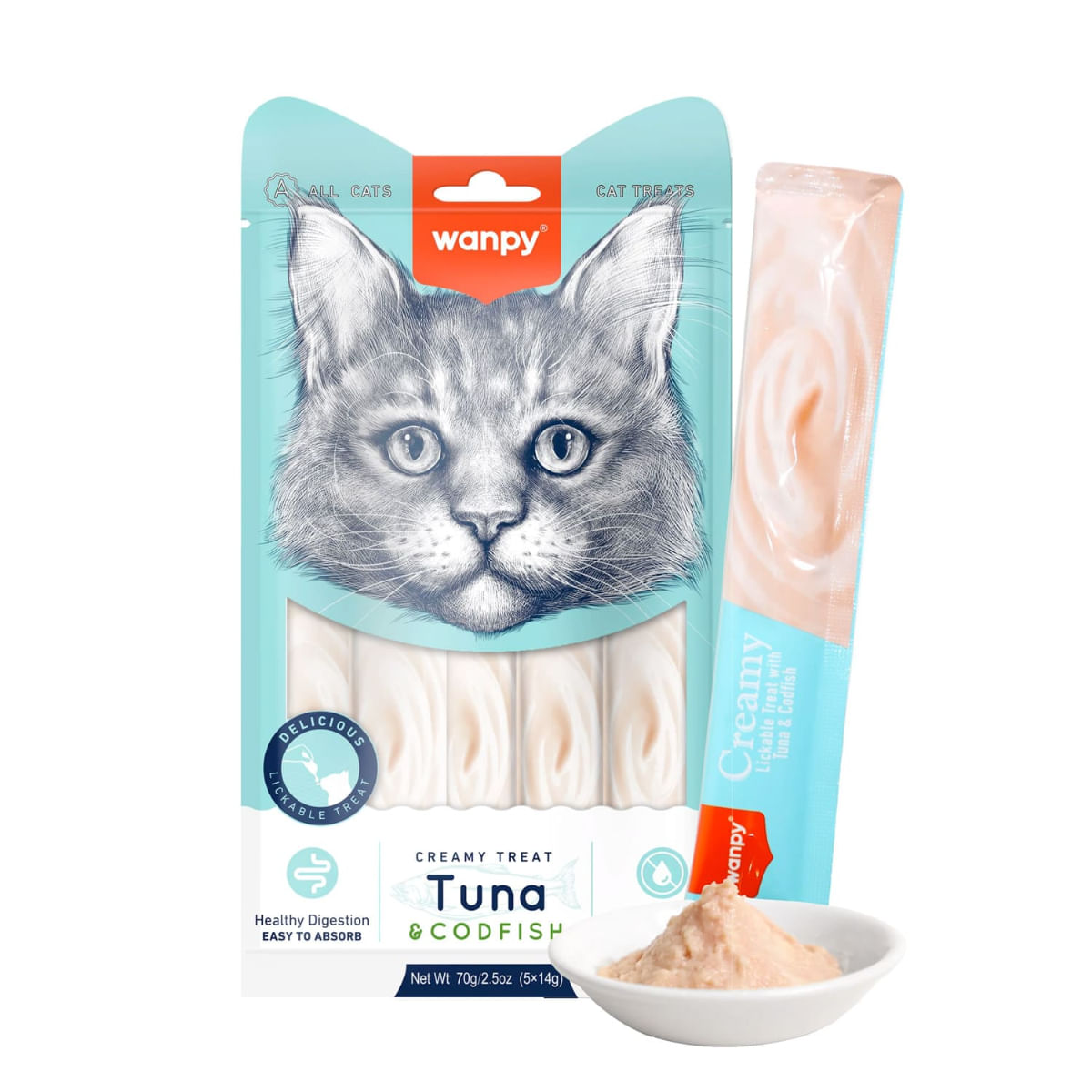 WANPY Creamy Treat, Ton și Cod, punguță recompense pisici, (piure), 70g - 1 | YEO