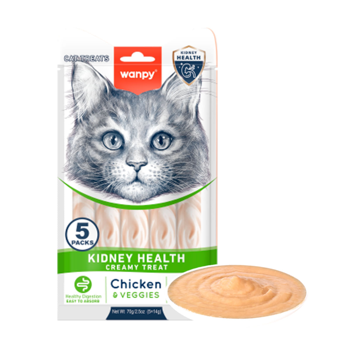 WANPY Kidney Health Creamy Treat, Pui și Legume, punguță recompense funcționale pisici, sistem renal, (piure), 70g - 2 | YEO