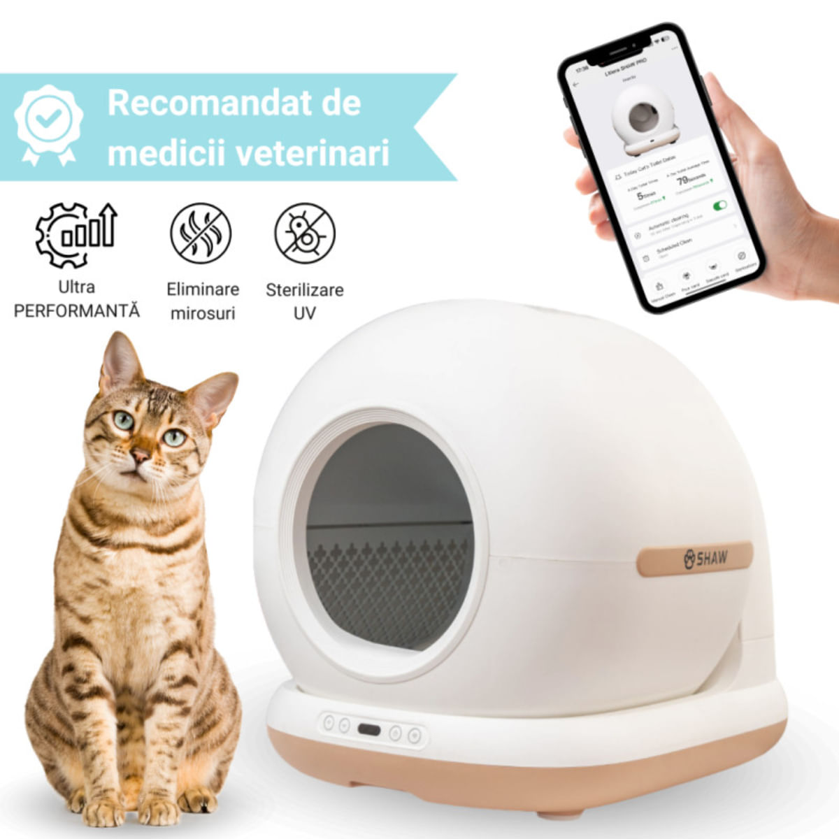 SHAW Smart Pro, litieră automată pisici, cu filtru, auto-curățare, aplicație mobilă, sterilizare UV, alb, 58.2x50.2x53 cm - 2 | YEO