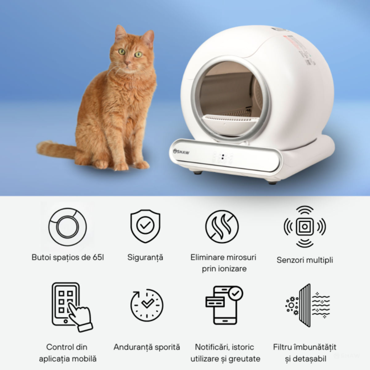 SHAW Smart V3, litieră automată pisici, cu filtru, auto-curățare, aplicație mobilă, ionizare, alb, 48x50.1 cm