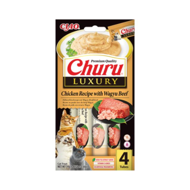 INABA Churu Luxury, Ton și Vită Wagyu, plic recompense fără cereale pisici, (piure), 56g