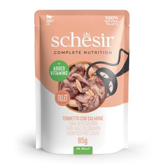 SCHESIR Complete Nutrition, Ton și Somon, plic hrană umedă pisici, (în aspic), 85g