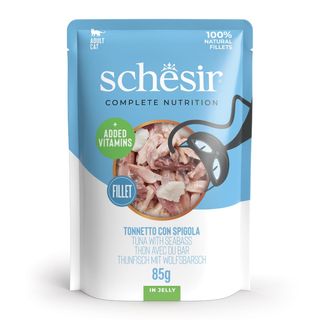 SCHESIR Complete Nutrition, Ton și Biban, plic hrană umedă pisici, (în aspic), 85g