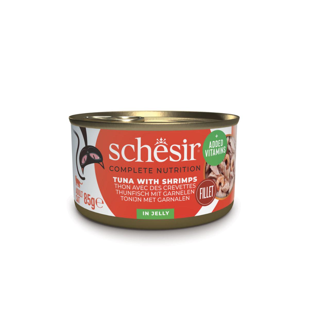 SCHESIR Complete Nutrition, Ton și Creveți, conservă hrană umedă pisici, (în aspic), 85g