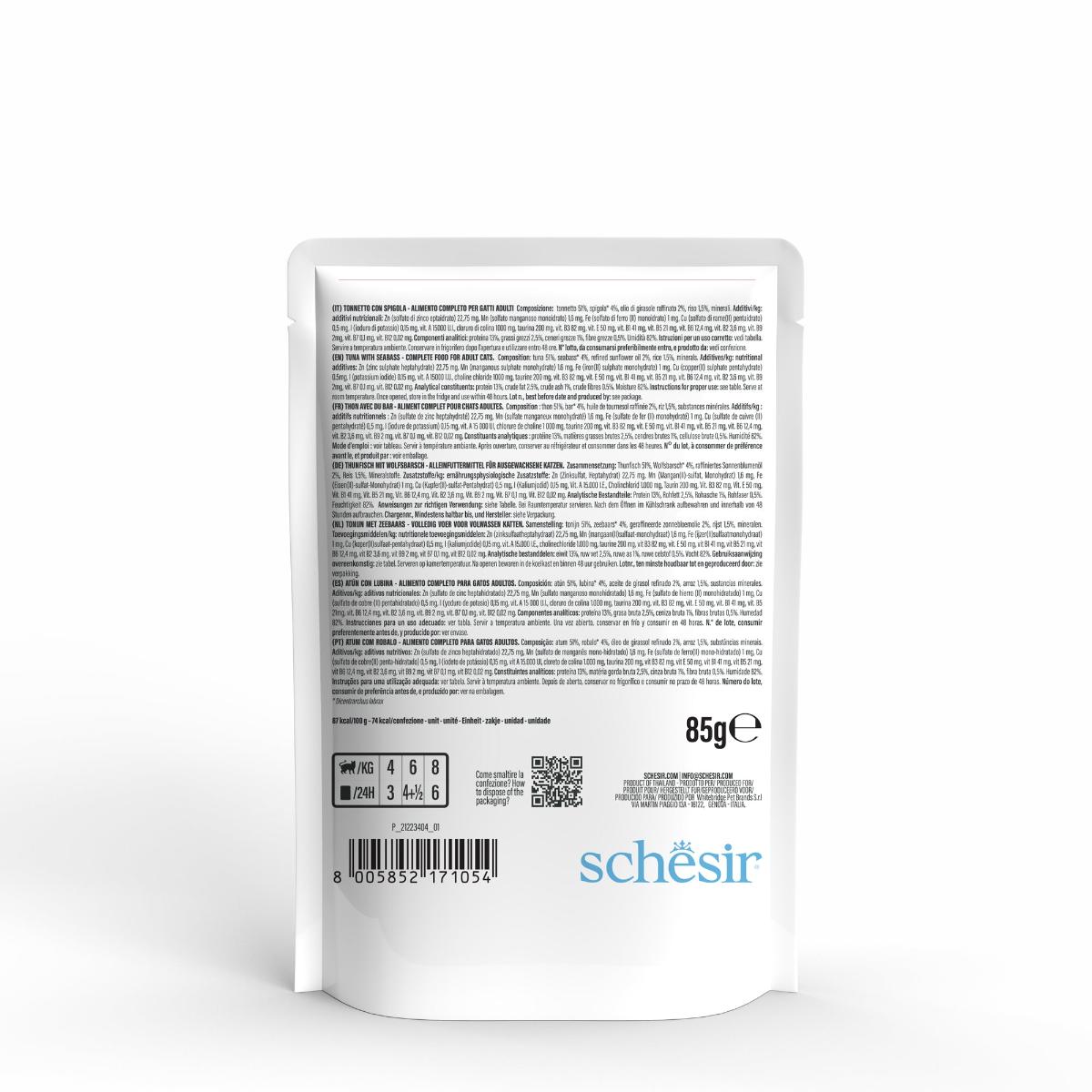 SCHESIR Complete Nutrition, Ton și Biban, plic hrană umedă pisici, (în aspic), 85g