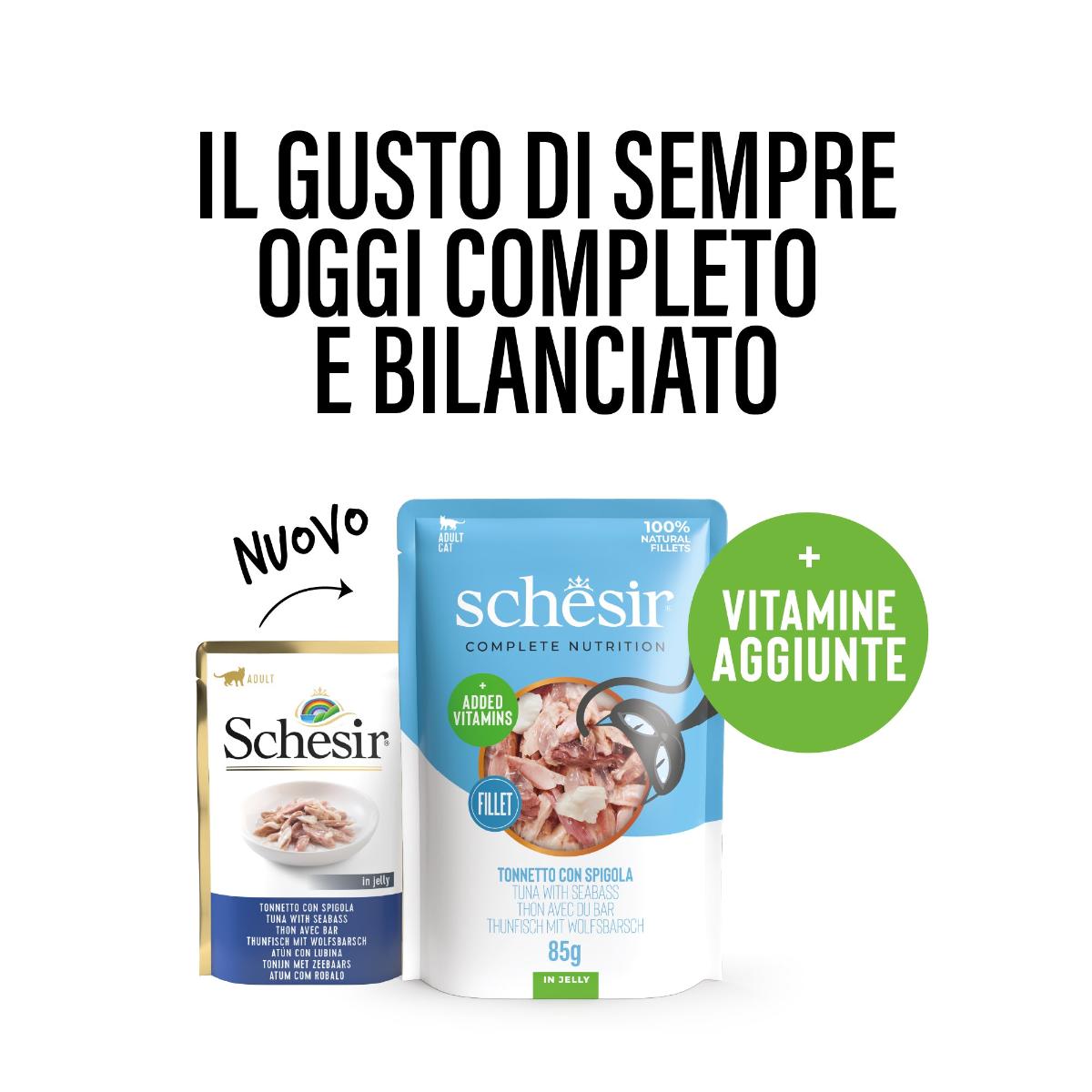 SCHESIR Complete Nutrition, Ton și Biban, plic hrană umedă pisici, (în aspic), 85g
