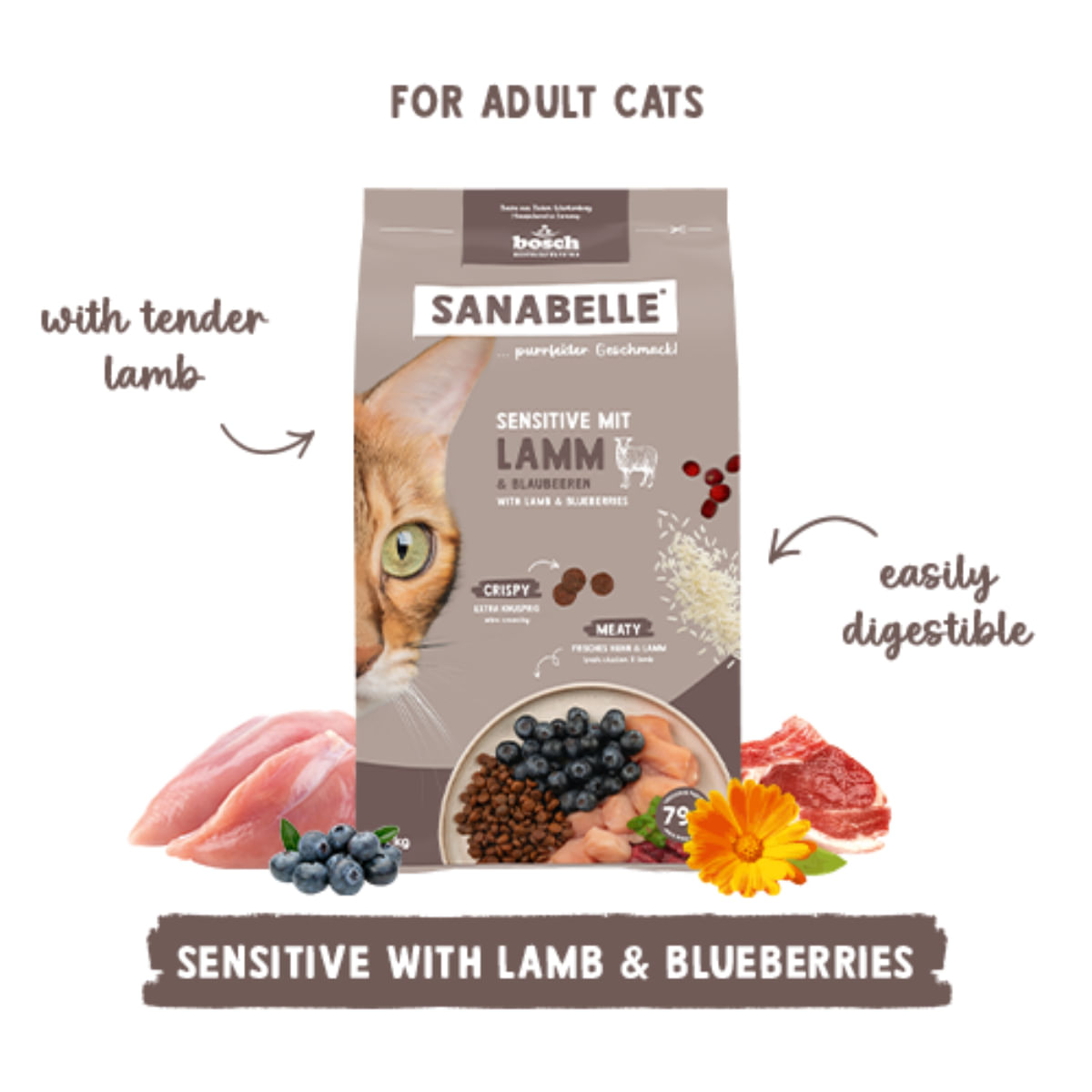 SANABELLE Sensitive, Miel și Afine, hrană uscată pisici, sistem digestiv, 8kg