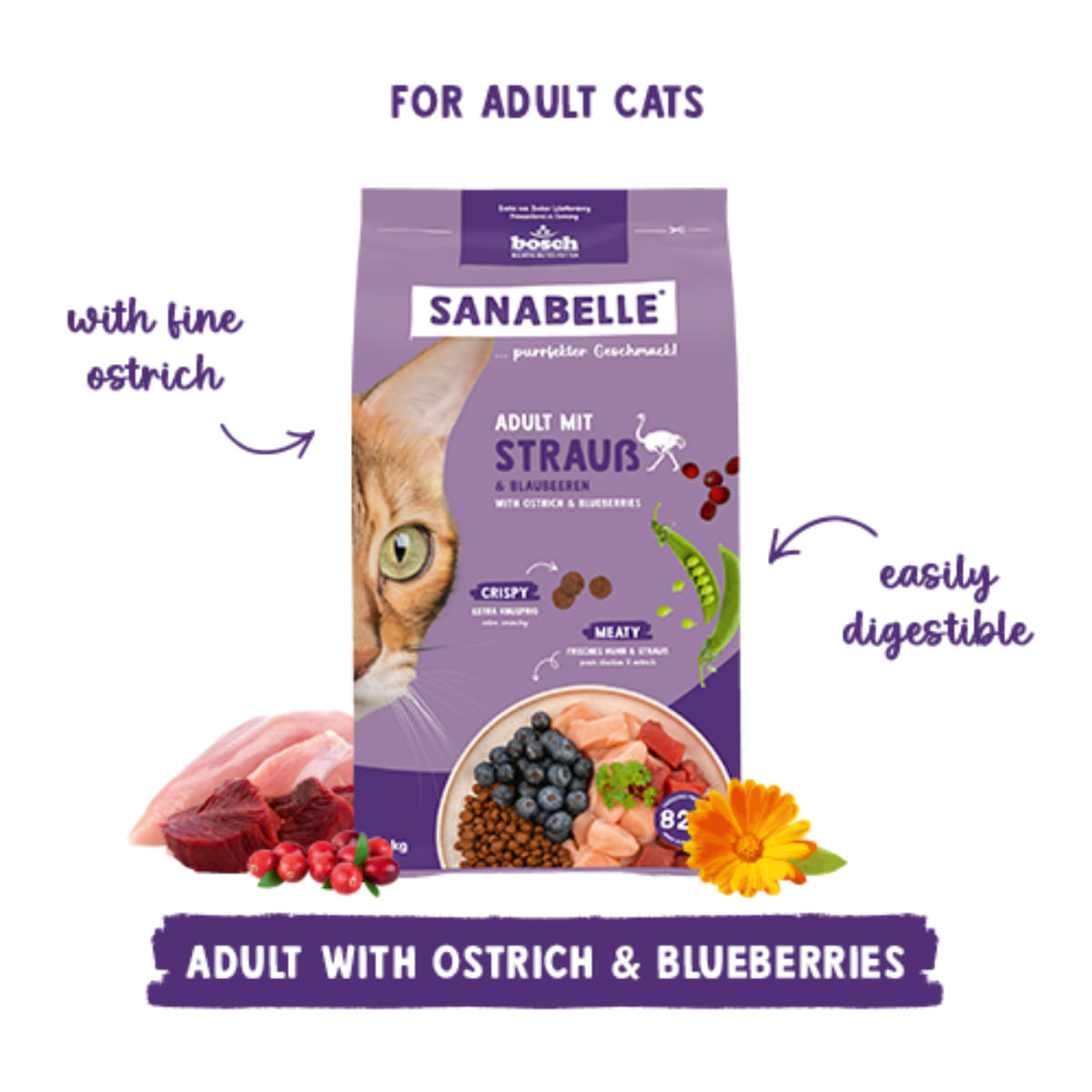 SANABELLE Adult, Struț și Afine, hrană uscată pisici, 400g