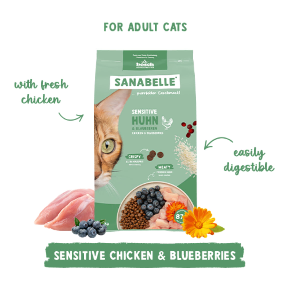 SANABELLE Sensitive, Pui și Afine, hrană uscată pisici, sistem digestiv, 400g