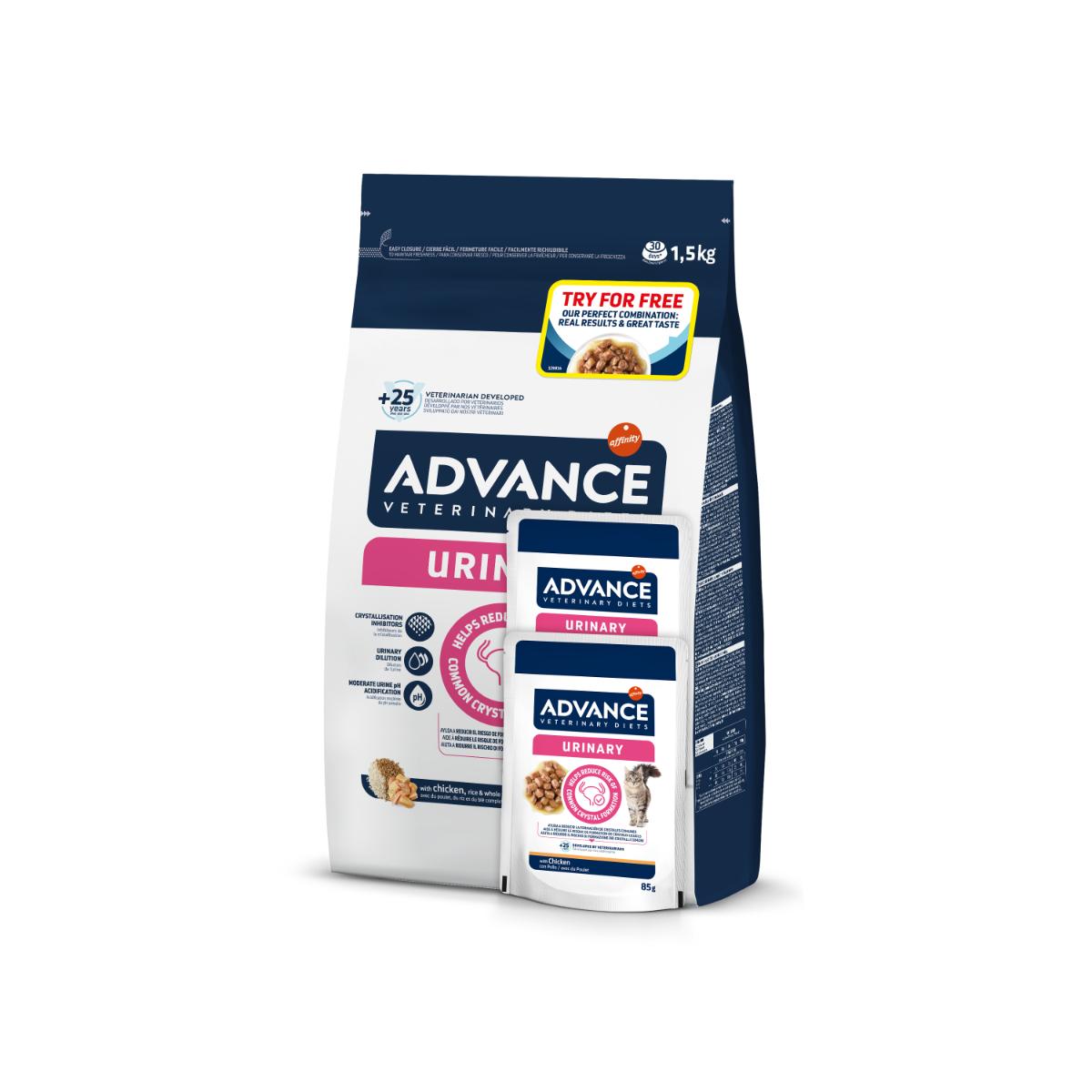 ADVANCE Veterinary Diets Cat Urinary, dietă veterinară, hrană uscată pisici, afecțiuni urinare ADVANCE VD Urinary, dietă veterinară pisici, sistem urinar, 1.5kg + ADVANCE VD Urinary, dietă veterinară pisici, plic,  85g x 2buc GRATUIT