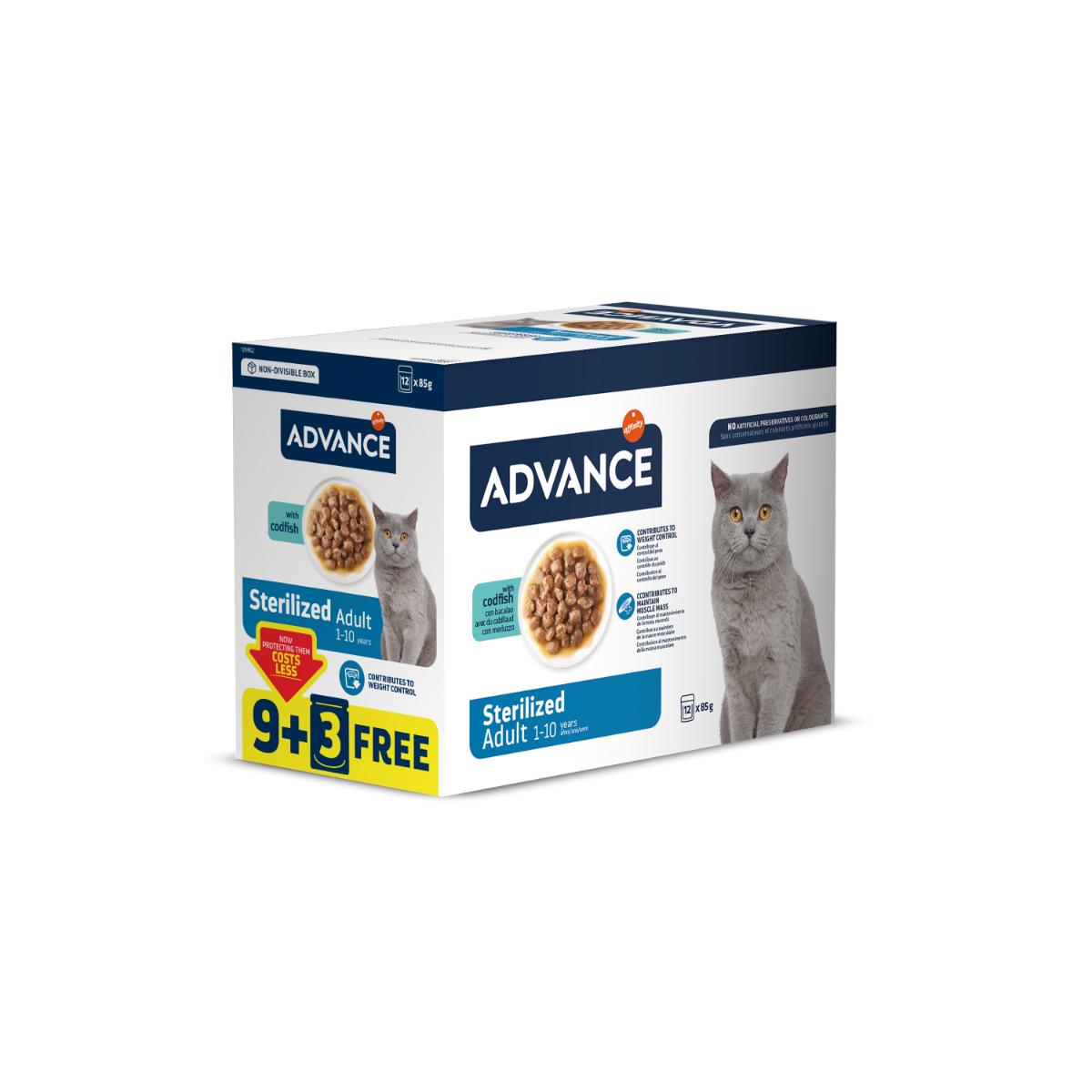 ADVANCE Sterilised, Cod, plic hrană umedă pisici sterilizate, (în sos), bax, 85g x 9 + 3buc GRATUIT