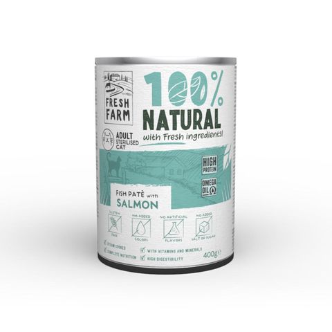 FRESH FARM Smooth Sterilised, Somon, conservă hrană umedă pisici sterilizate, (pate), 400g