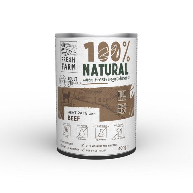 FRESH FARM Smooth Sterilised, Vită, conservă hrană umedă pisici sterilizate, (pate), 400g