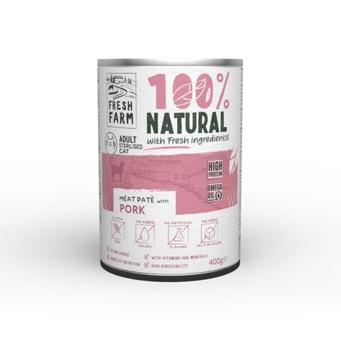 FRESH FARM Smooth Sterilised, Porc, conservă hrană umedă pisici sterilizate, (pate), 400g