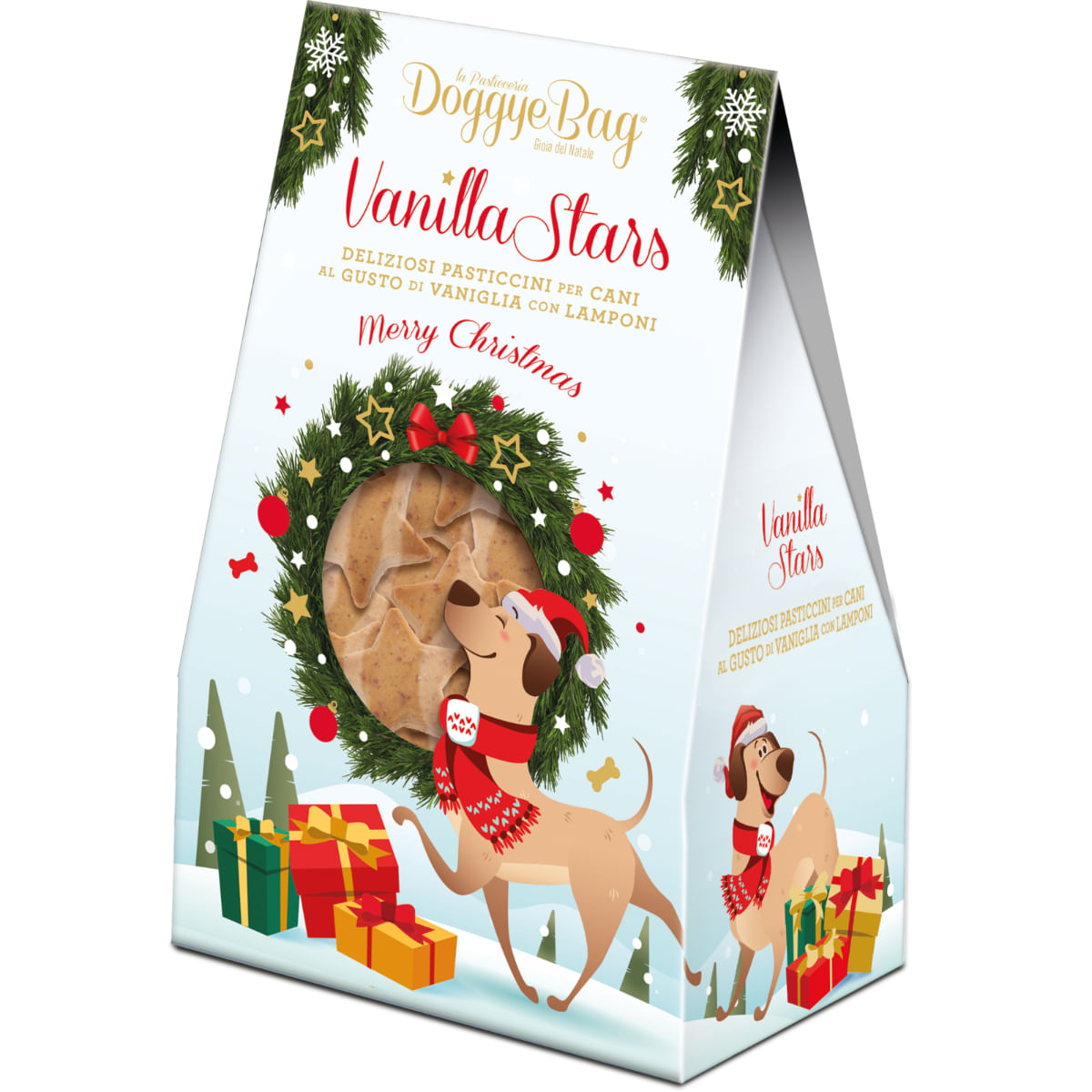DOGGYEBAG Christmas Vanilla Stars, XS-XL, Vanilie și Zmeură, punguță recompense câini, 180g